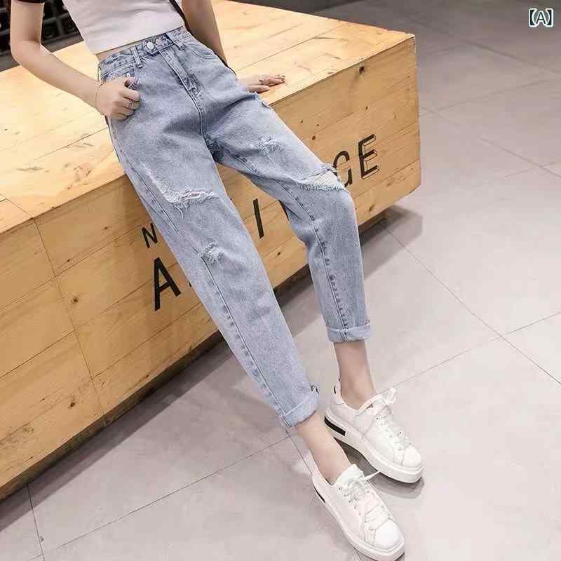 レディース デニムパンツ 破れデザイン ワイド ストレート コットン混 ポリエステル ミックス ミッドライズ ミディアム厚 ライトブルー..