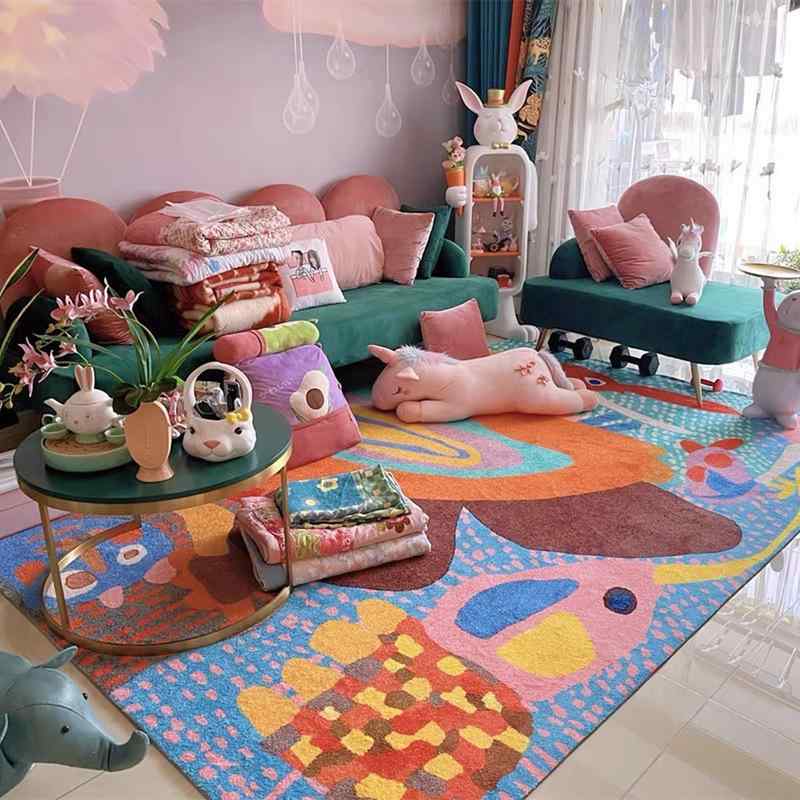 Plain - ラグ 地毯 地敷き マット 子供部屋 遊戯 マット 女の子 かわいい ドーパミンカラー ポリエステル 繊維 仿羊毛 風 点塑 底 フルレイアウト ベッドサイド ブランケット 方形 形状 プリント 加工 ストライプ 抽象画 カード 漫画 かわいい 動物 柄