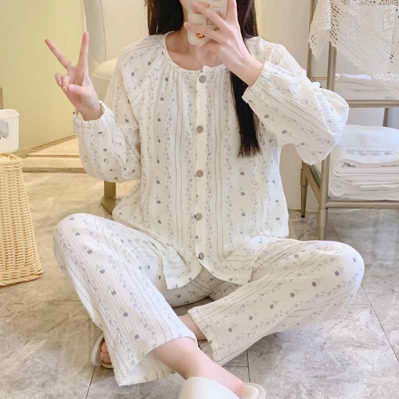パジャマ レディース セットアップ クルーネック 長袖 マタニティ 授乳服 産後 綿100% 部屋着 産前産後 春秋 パジャマセット カントリー調