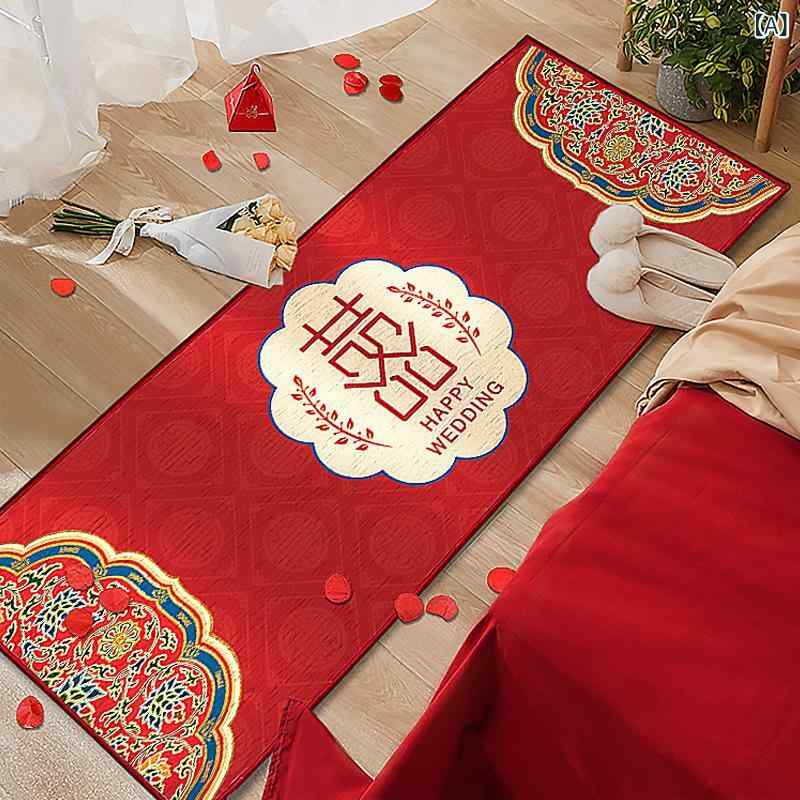 Kitchen Mats - 結婚用 ラグ マット 赤 喜慶 柄 長方形 床前 敷物 家用 部屋 寝室 ベッドサイド ドアホール 混紡素材 現代中式 デザイン 機械織り 手洗い可 機械洗い可 吸塵対応 縁起柄 花柄 窓柄 双喜柄 天降り柄 龍鳳柄