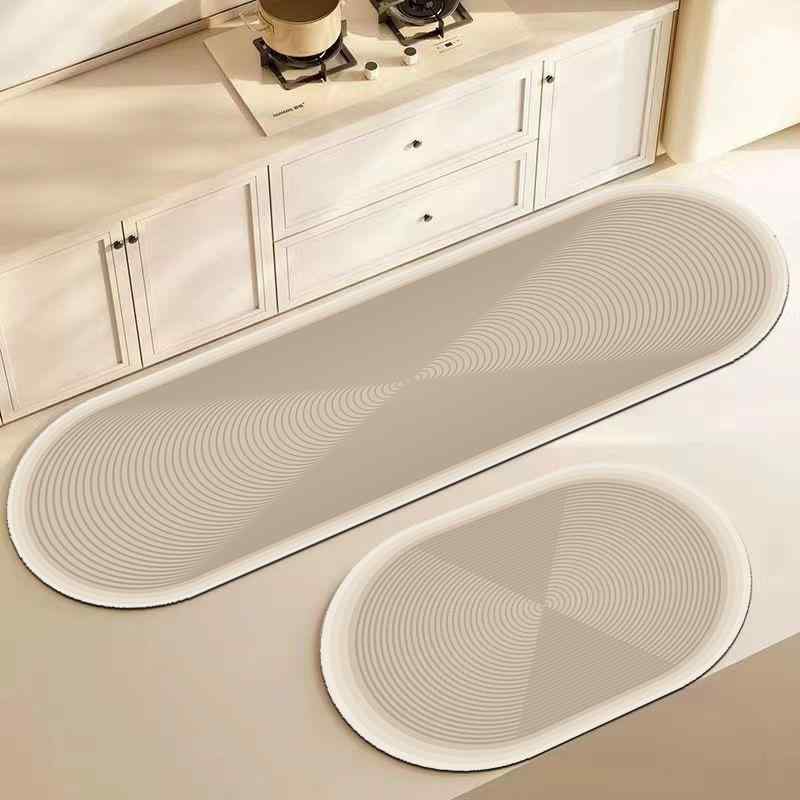 Kitchen Mats - キッチンラグ 吸水 防滑 防油 耐汚れ シリカ素材 免洗 ワイプ可能 長方形 条紋柄 現代シンプル 室内用 柔らかい 抗菌 速乾 グレー系 ベージュ系 キッチン 玄関 ダイニング 通年使用