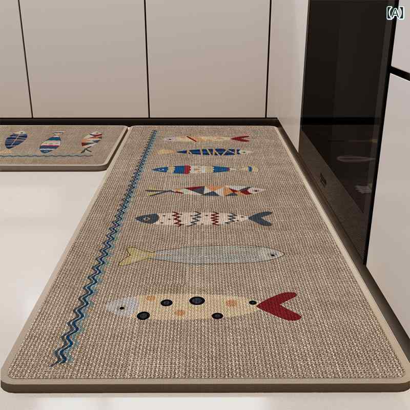 Kitchen Mats - キッチンマット 麻編み かわいい 吸水 吸油 防滑 耐汚れ 長方形 燕麦色 魚柄 野菜柄 柴犬柄 クマ柄 ラッキー柄 ラーメン柄 季節柄 灰色 ラブラドール柄 ベージュ 45x70cm 45x120cm 45x150cm 45x180cm 手洗い 掃除機