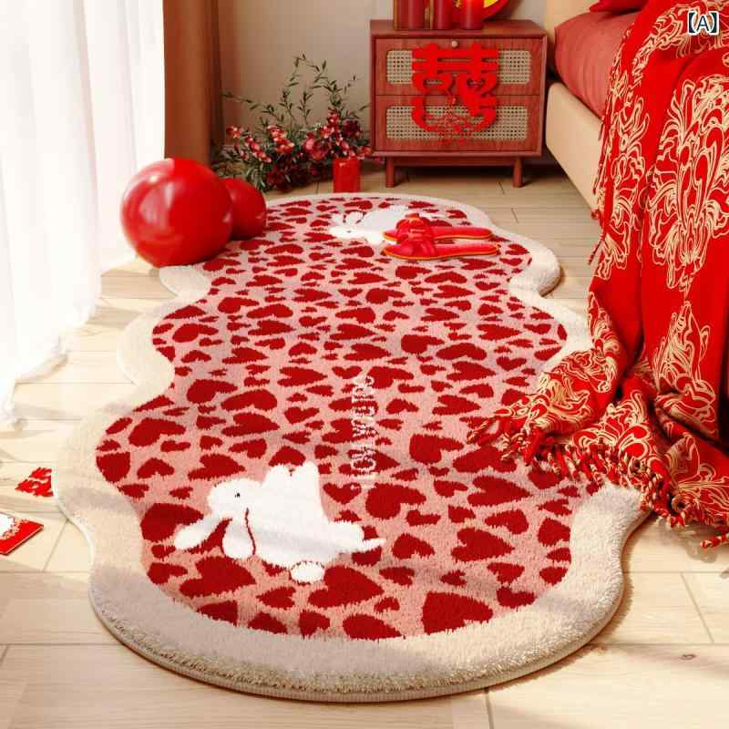 Rattan - ベッドサイド ラグ 結婚式 赤 喜字 パターン 花卉 モダン シンプル 寝室用 足元カバー 異形 形状 ふわふわ 触感 柔らかい 素材 ラブ モチーフ ウサギ 柄 ラッキー アイテム ナチュラル フィット インテリア コーディネート