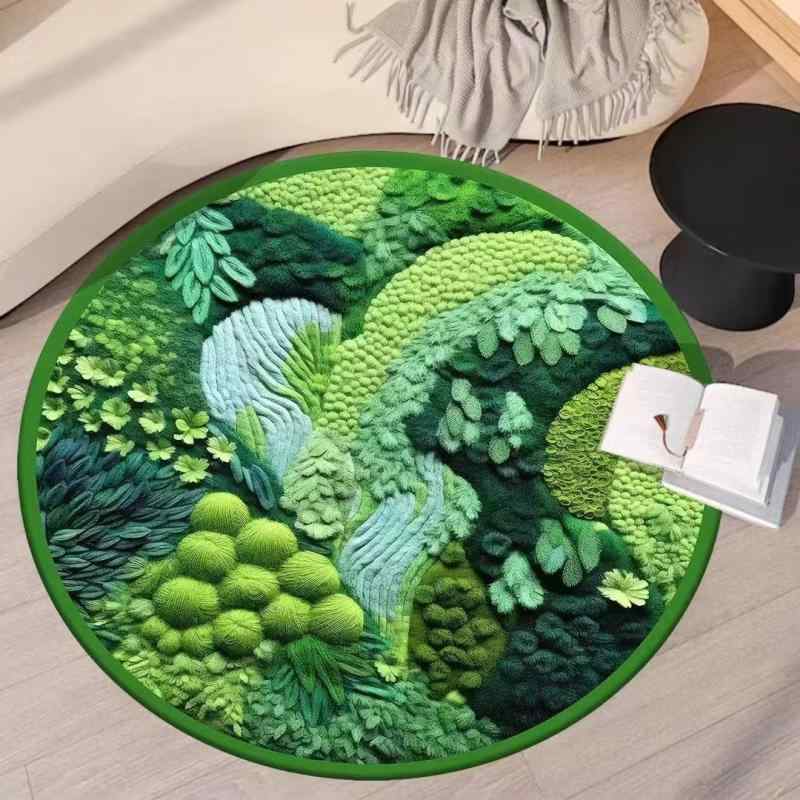 352 cm - 440 cm - ラウンド ラグ 苔 グリーン 植物柄 森林風 吸水 マット 家用 床周り 浴室用 洗濯機対応 丸型 フロアカバー 部屋飾り 滑り止め 柔らかい コットン調 ナチュラル インテリア グレー系 グリーン系 ベージュ系 サイズ展開 直径60cm 80cm 10
