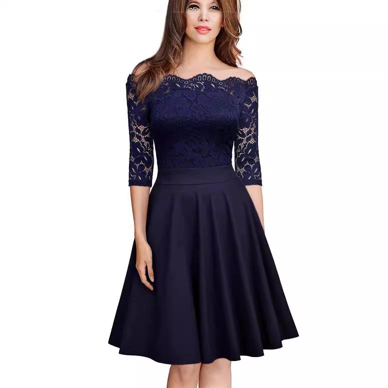 ワンピース レディース 気質通勤 ワンピースドレス 優雅風 一字領 レース 切り替え オープンショルダー 挿肩袖 五分袖 中腰 中長丈 大スカート 酒红色 ネイビー ブラック アウトドア 普段使い 伸縮性 吸湿速乾 再生繊維 春夏