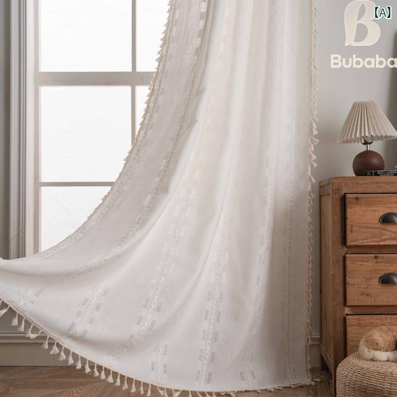 ボヘミアン 窓 帘 半遮光 涤纶 素材 穿杆 タイプ 白色 緑 茶色 紺色 選択 方块 镂空 多条线 デザイン 米色 流苏 装飾 軽量 通気性 良い 居間 寝室 書斎 ダイニング キッチン 浴室 玄関 バルコニー 対応 モダン インテリア