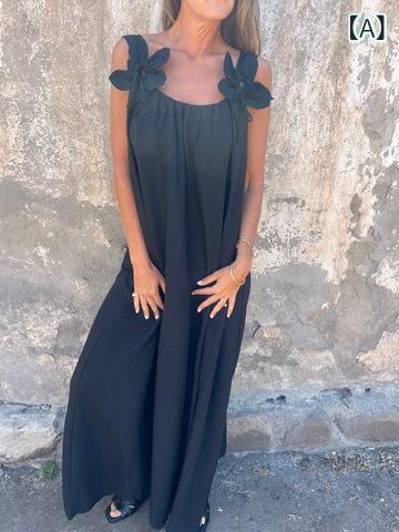 ワンピース レディース 吊り下げ 無袖 長丈 スカート Uネック 花辺 デザイン 純色 ワンピース ドレス セット トップス 気質 スタイル ..