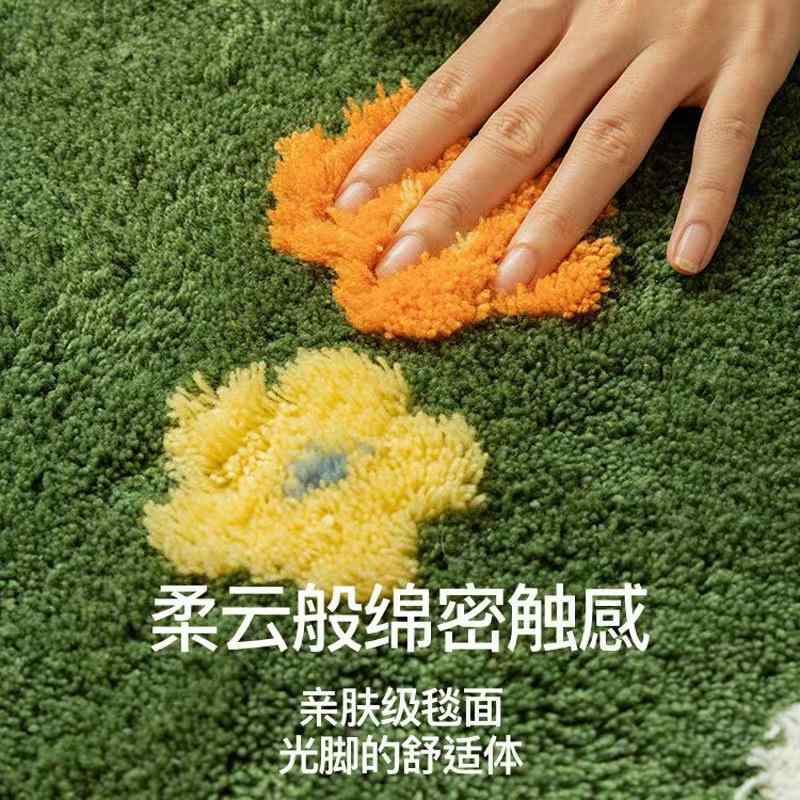ラグ フロアマット 花柄 植毛 防滑 防水 吸水 防汚 緑 草地 コルク調 クッション性 柔らか 軽量 洗濯可 長方形 異形 床サイド ソファ前 玄関 キッチン 浴室 収納 春夏 秋冬 室内用 寝室 リビング 書斎 ダイニング バルコニー 通年 普段使い