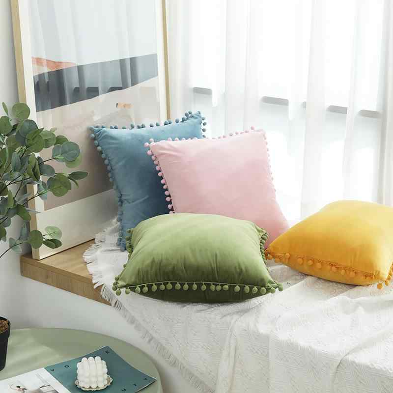 Muatsu Pillows - 抱枕 セット 毛玉 デザイン 純色 天鹅绒 クッションカバー 現代 シンプル スタイル 毛绒 素材 柔らかい 触感 インテリア アクセント 丸型 形状 室内 装飾 用 白色 水色 ピンク グリーン イエロー カラー バリエーション