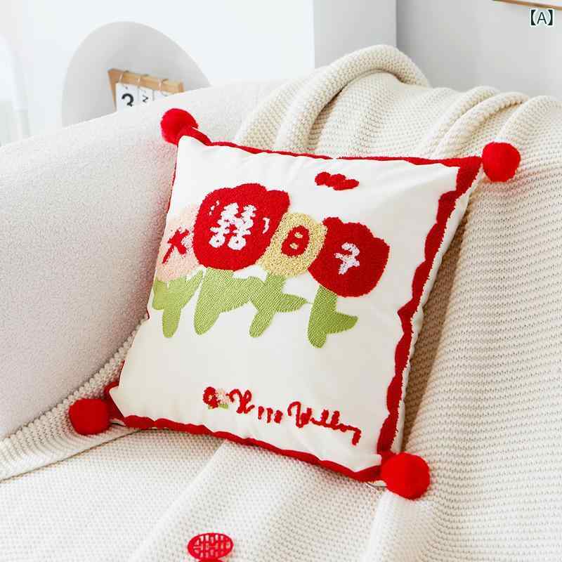 Muatsu Pillows - 抱枕 結婚祝い 喜字柄 刺繍加工 かわいい カートゥーンスタイル 赤 ピンク 花柄 枝葉 ソファ ベッド クッション セット 涤纶素材 PPコットン充填 インテリア 装飾 ギフト 軽量 柔らかい 通年使用