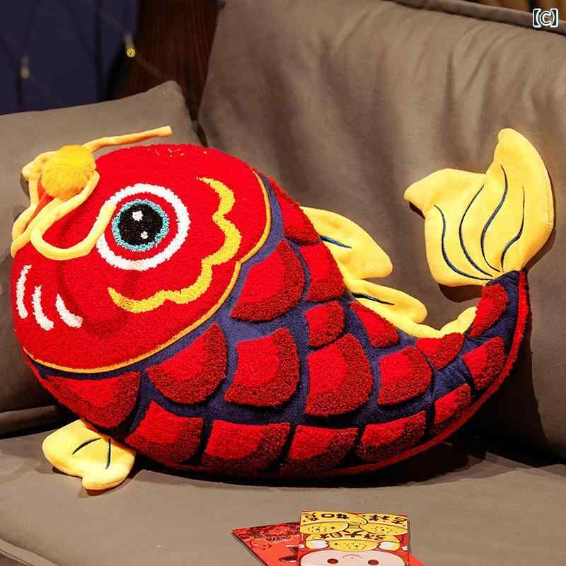 抱枕 中式風 刺繍 赤い醒獅 赤い錦鯉 元宝 葫蘆 赤 青 毛绒 接触冷感 PP綿 切り替え 喜庆 結婚祝い ソファ クッション インテリア ラッキーアイテム 柔らか 洗濯可能 35cm 40cm 50cm 55cm