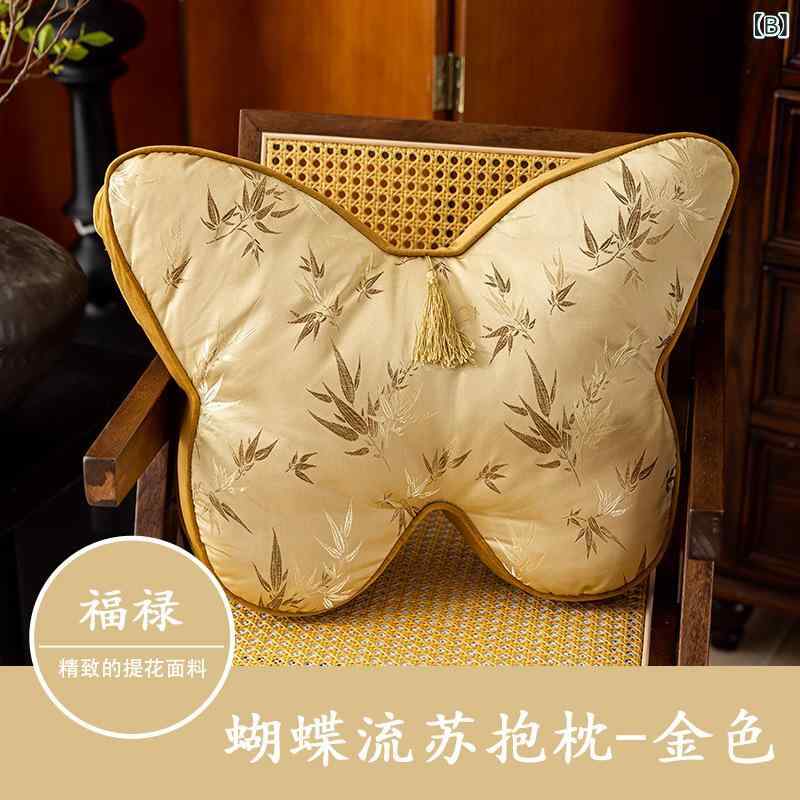 抱枕 緑 蝶 植物花卉柄 復古新中式 ソファー 腰サポート クッション ポリエステル素材 ポリエステル填充 流蘇飾り 緑色 金色 紫色 ブルー サイズ56x43cm 室内リビング ベッドサイド 抱き枕 ラウンジクッション 腰当て 装飾クッション