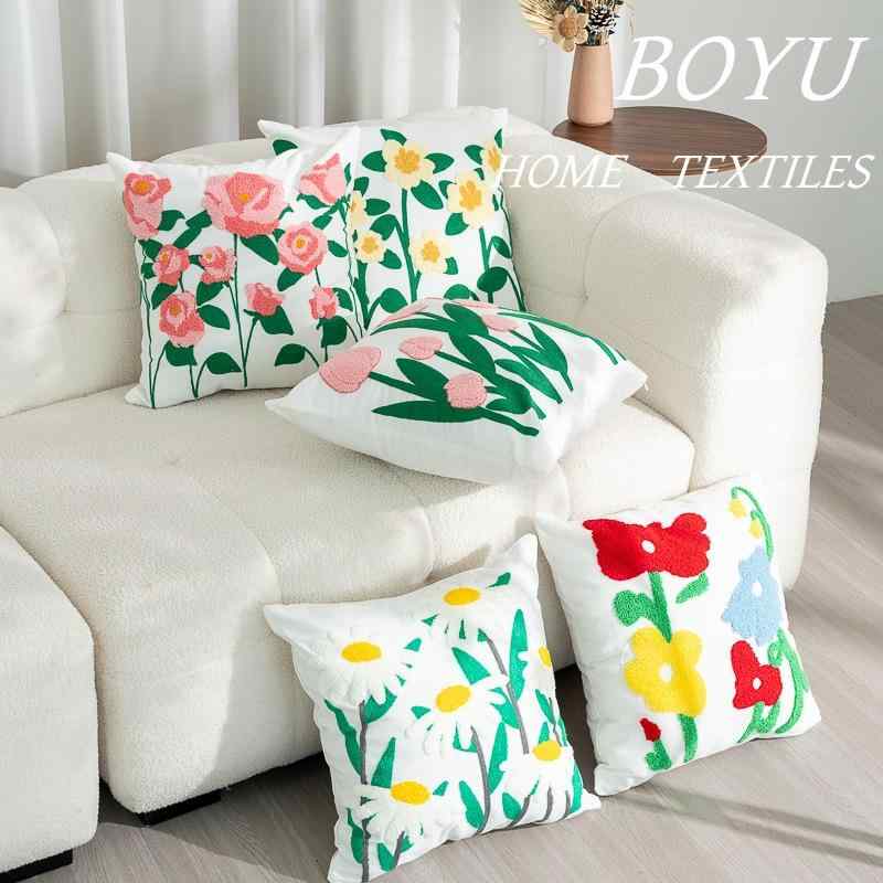 Muatsu Pillows - 抱枕カバー 法式田園風 花刺繍 綿麻素材 緑縁水仙花 緑縁薫衣草 雏菊 春花 バラ チューリップ 蝶花 植物花卉パターン 刺繍加工 ソファー用 ベッドヘッド用 クッションカバー 45cm角 かわいいインテリア 日常使い 軽量 快適