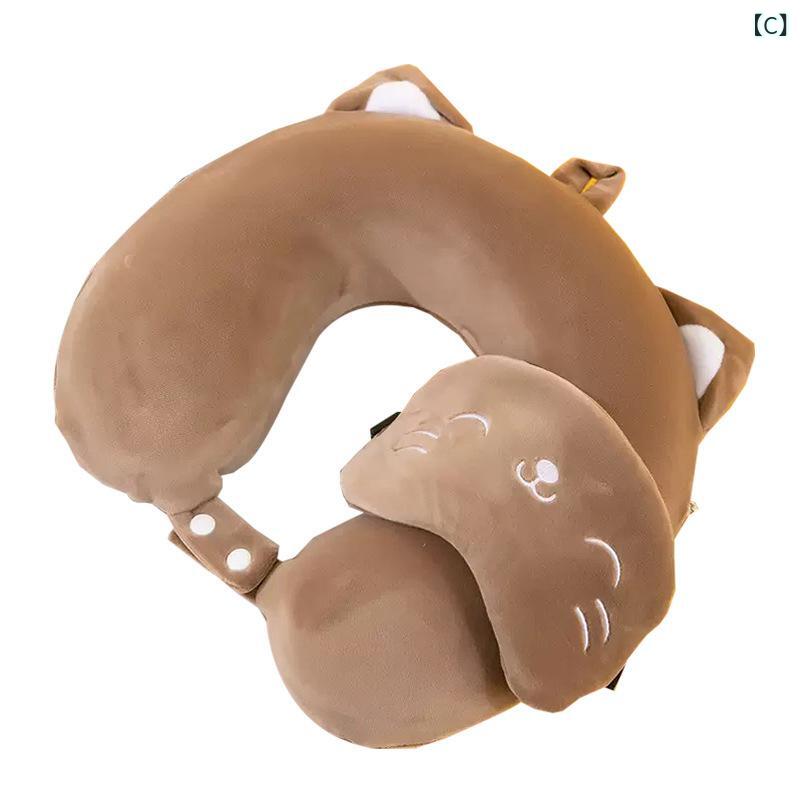 U型枕 ネックピロー アイマスクセット 記憶棉 伸縮性 かわいいカートゥーン柄 ピンク グレー ブラウン ブルー ローズ 紫 通勤 車内休憩 軽量 寝枕 旅行用 アイボリー 柔らか素材 接触冷感 吸湿速乾