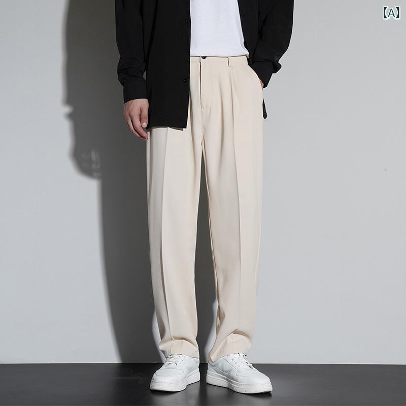 メンズ 九分パンツ 直筒 垂感 ワイドレッグ ビジネスカジュアル 普段使い ポリエステル 微弾性 ミッドライズ ジッパー開閉 純色 ブラック グレー ベージュ 春夏 秋冬 通年