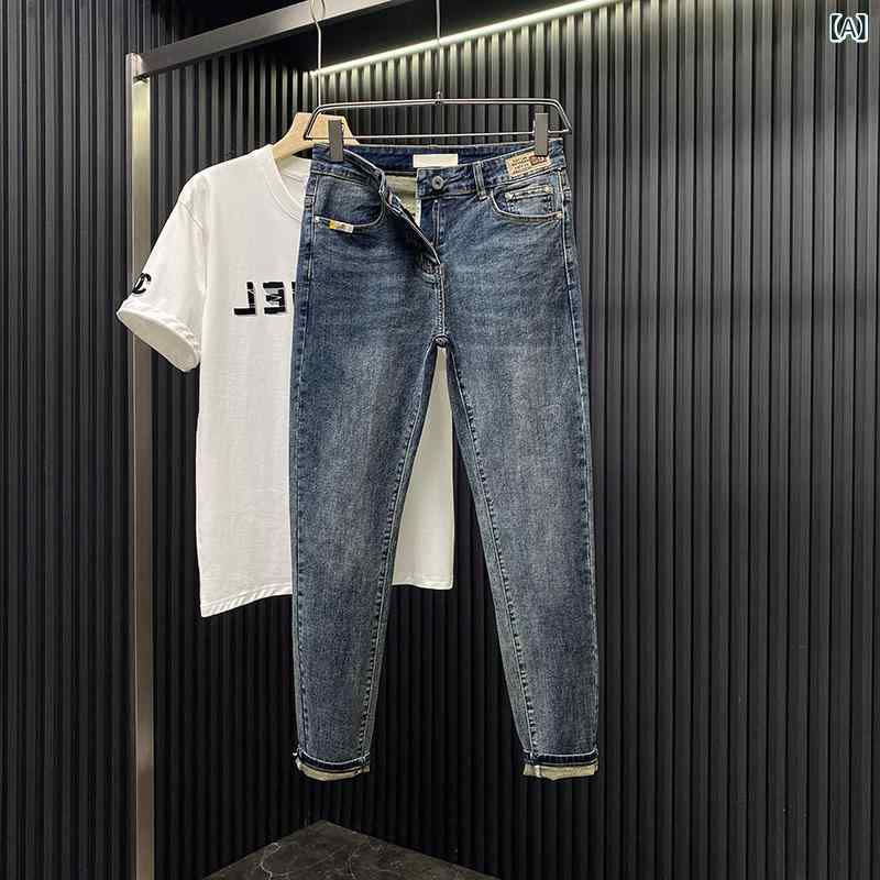 Pants - メンズ ジーンズ 春夏 直筒 九分 デニムパンツ 男性用 修身 小脚 ブルー ヴィンテージ 韓国風 高級感 綿素材 高弾性 水洗加工 刺繍 ミッドライズ ジッパー 日常 カジュアル ティーン向け 軽量 伸縮性 ブルージーンズ スリムフィット デニム ボト