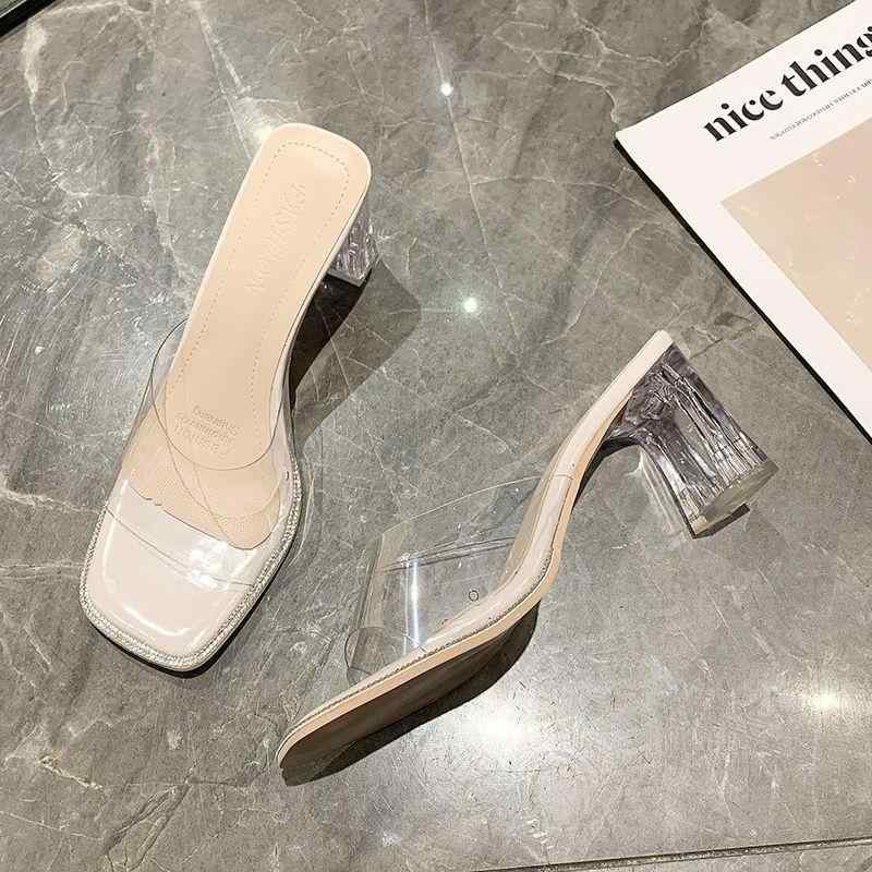 サンダル 女性用 透明 水晶 粗ヒール 一本帯 透明 気質 ハイヒール 夏季 仙女風 米色 銀色 香槟色 アップグレード バージョン PU 素材 方頭 デザイン 軽量 快適 歩行 伸縮性 吸湿速乾 カジュアル スタイル 春夏 シーズン 通勤 普段使い ア