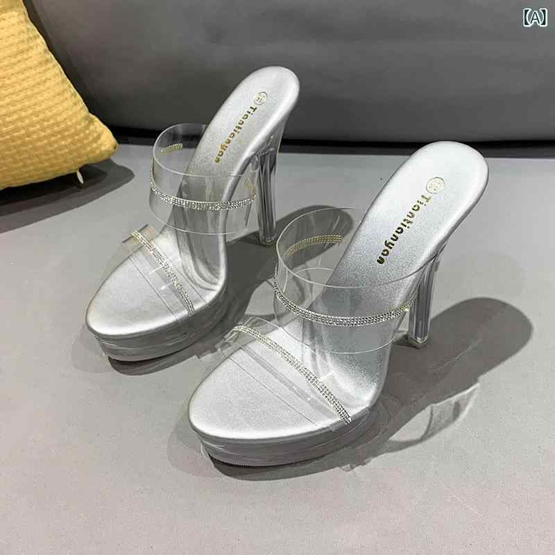 女性用 透明防水 細ヒール バックル 超高ヒール オープントゥサンダル ファッション 走秀風 銀色 尖頭 デザイン 中性スタイル PU素材 軽量 夏用 接触冷感 吸湿速乾 伸縮性 ラバーソール ストラップ クリアヒール シンプル エレガント 足元アクセン