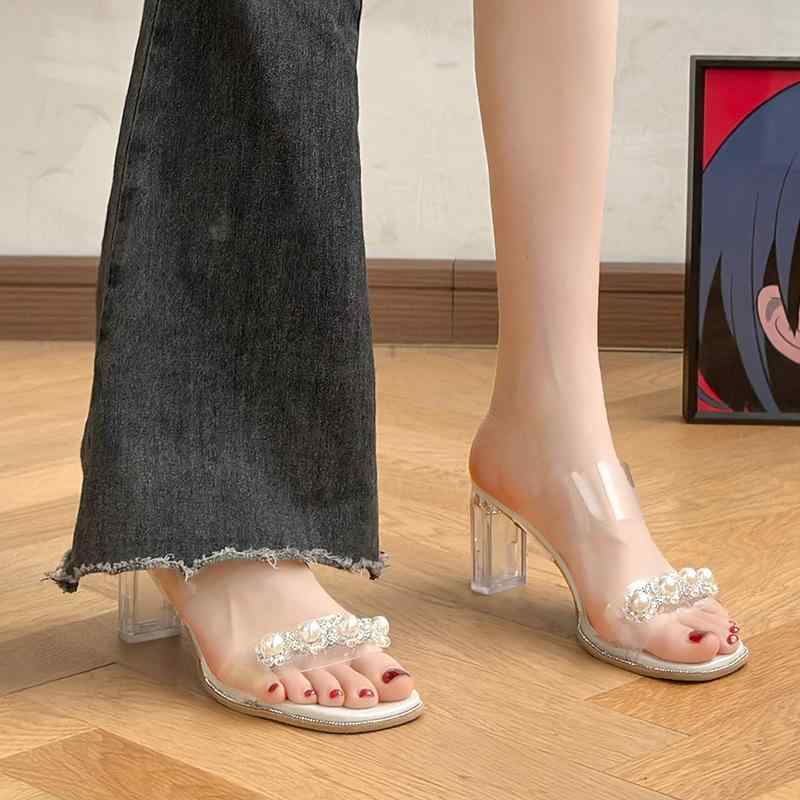 サンダル 女性用 夏 通勤 防水台 透明 7cm 粗ヒール ワンストラップ 方先 米白色 銀色 PU 素材 ラバーソール 軽量 伸縮性 接触冷感 吸湿速乾 ハイヒール ビーチサンダル デイリーシューズ 防水加工 キラキラ ジュエリー風 女性靴 夏用サンダ
