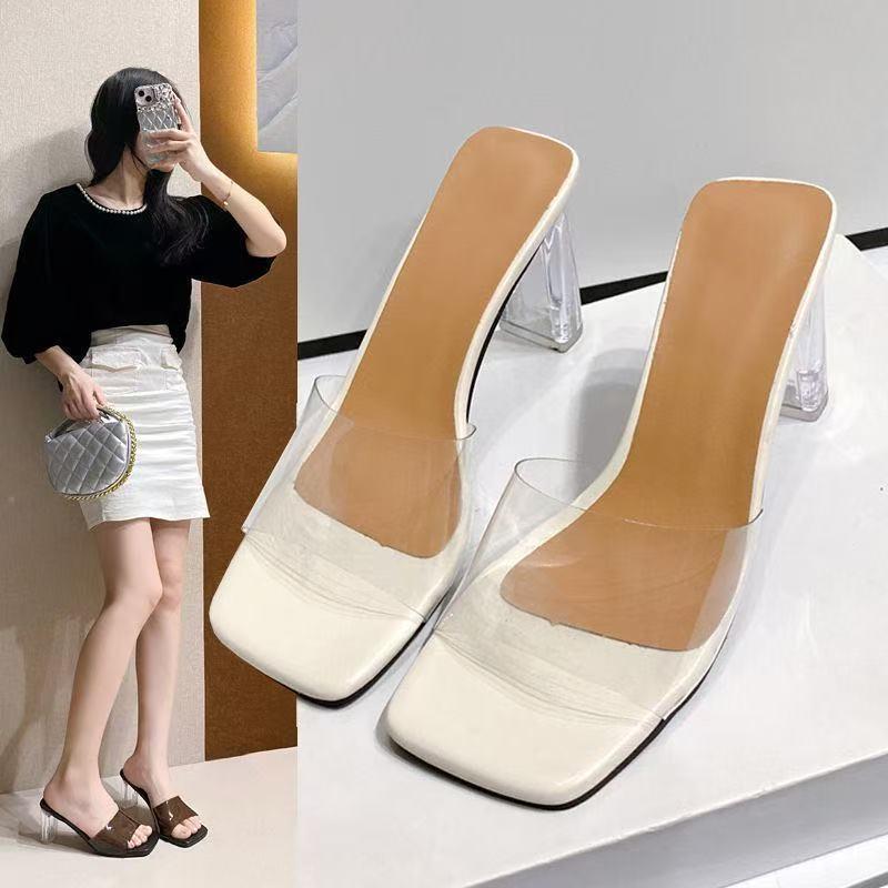 サンダル 女性用 夏 透明水晶 ハイヒール ファッション デザイン ストラップ クリア オープン トゥ フラット シューズ PU素材 ラバーソール 米色 ブラック 杏色 全黒 方頭 軽量 伸縮性 吸湿速乾 欧米スタイル カジュアル 普段使い アウトドア