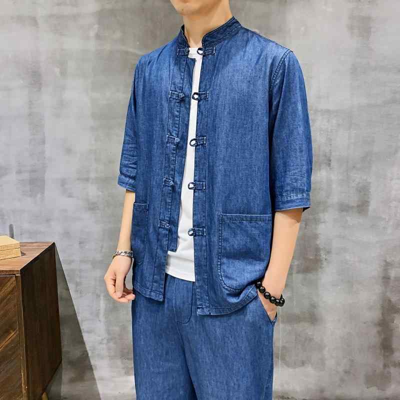 メンズ シャツ トップス 牛仔 デニム 綿 再生繊維 短袖 中袖 五分袖 復古 中国風 唐装 盤扣 ゆったり ルーズ 軽量 通勤 普段使い 日常 夏 春夏 ライトブルー ダークブルー カジュアル ファッション
