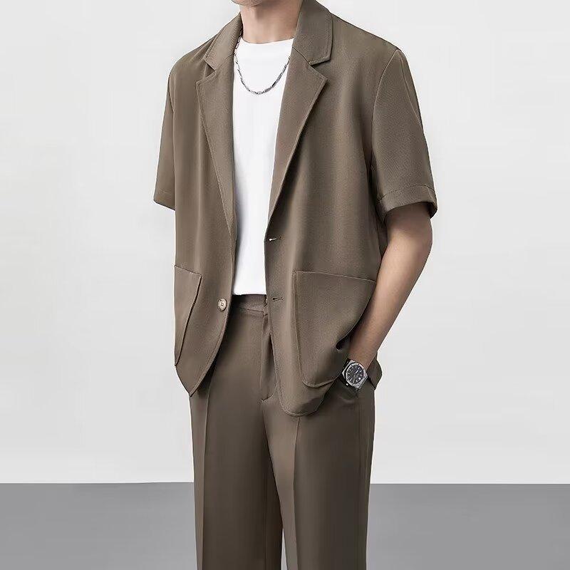 Trousers, Bottoms - メンズ 夏 軽量 西装ジャケット 接触冷感 ポリエステル 透気性 ゆったり ハンガリー版 トレンド シングルブレスト ノーカラー 2つボタン 純色 ブラック ダークグレー カーキ ブラウン S M L XL 2XL 3XL 5分袖 ステッチポケット スト