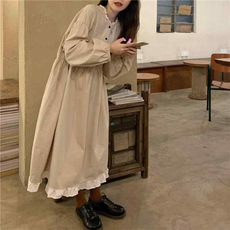 Rakuten - ワンピース 女性用 プラスサイズ 秋冬 中長丈 直筒 仙女スカート ハルネデザイン フリル ボタン プリーツ ハングネック 長袖 ルーズフィット 伸縮性 ポリエステル 日常使い 街頭スタイル ヨーロッパ風 アンズカラ