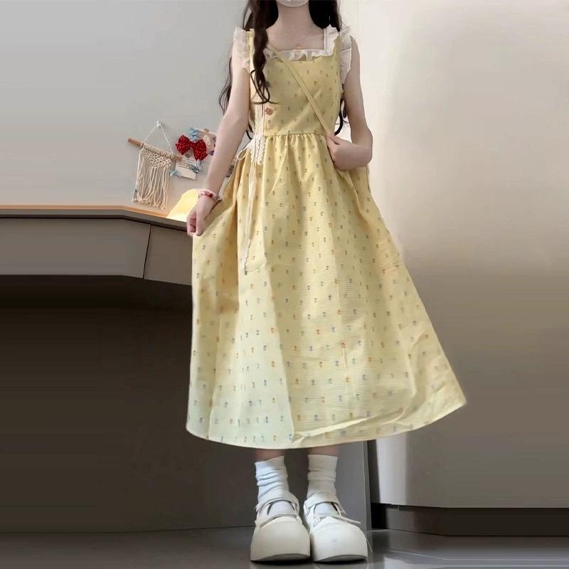 樂天商城 - ワンピース 女性用 夏用 フレンチスタイル 甘め フラワープリント 小袖 Aライン ロング丈 スカート 黄色 方領 無袖 中腰 収腰 軽量 ポリエステル 素材 涼しい 通勤 普段使い かわいい 優しい 風合い 清楚 エレガント 着こなし ビッグシルエット