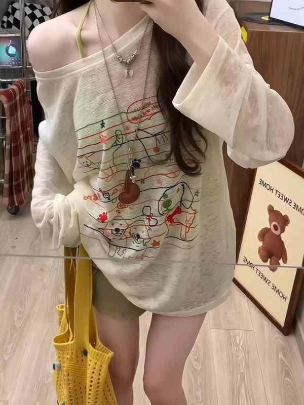 Rakuten - Tシャツ 女性用 夏 長袖 防晒 薄手 半透明 オフショルダー 塗鴉 プリント 線柄 小犬 ワイドシルエット 接触冷感 ポリエステル かわいい ピンク系 杏色 ゆったり ルーズ トップス グラフィック 手描き イラスト ドローイング 袖丈長め 軽量 涼し
