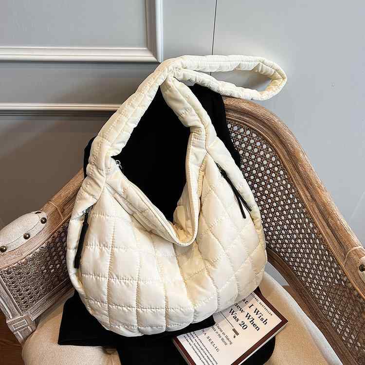 Other - トートバッグ 女性用 大学生 通学 日常 ショルダーバッグ 大容量 ナイロン 再生繊維 横型 方形 ソフト シングルストラップ ジッパー 黒 アイボリー 車縫い 菱格 春季 都市 シンプル