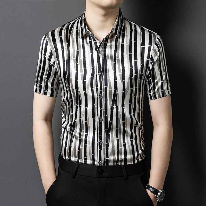 メンズ シャツ 短袖 桑蚕丝 真丝 綿混 透気性 吸湿速乾 免烫 薄手 合体型 翻領 開衫 純色 印花 ビジネス カジュアル 普段使い 都市スタ..