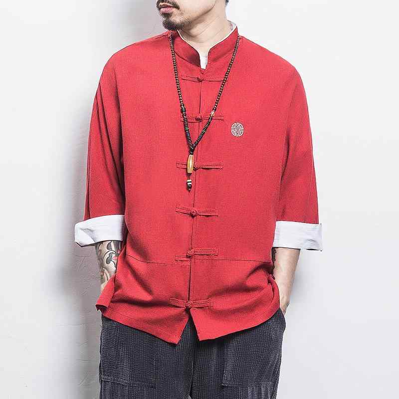 メンズ シャツ トップス 春夏 男性用 ゆったり 立領 七分袖 刺繍 綿麻 接触冷感 吸湿速乾 軽量 再生繊維 ブラック ネイビー レッド ベージュ ゆったりシルエット 刺繍デザイン 七分丈 ゆったりフィット 綿麻素材 夏用 メンズカジュアル ゆったりト