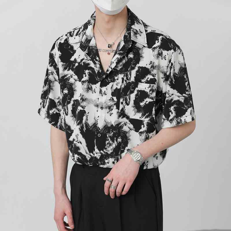 Other - メンズ シャツ トップス 夏 韓国風 ゆったりシルエット 垂れ感 半袖 開襟 ブラック 花柄 軽量 通気性 綿100 免アイロン 痞子風 インクプリント 軽熟カジュアル 青少年向け 青春流行 休日使い 2023サマー