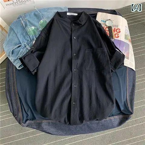 メンズ シャツ トップス 立領 半袖 短袖 綿麻 麻 再生繊維 接触冷感 吸湿速乾 軽量 伸縮性 黒 ホワイト ミリタリーグリーン ペパーブル..