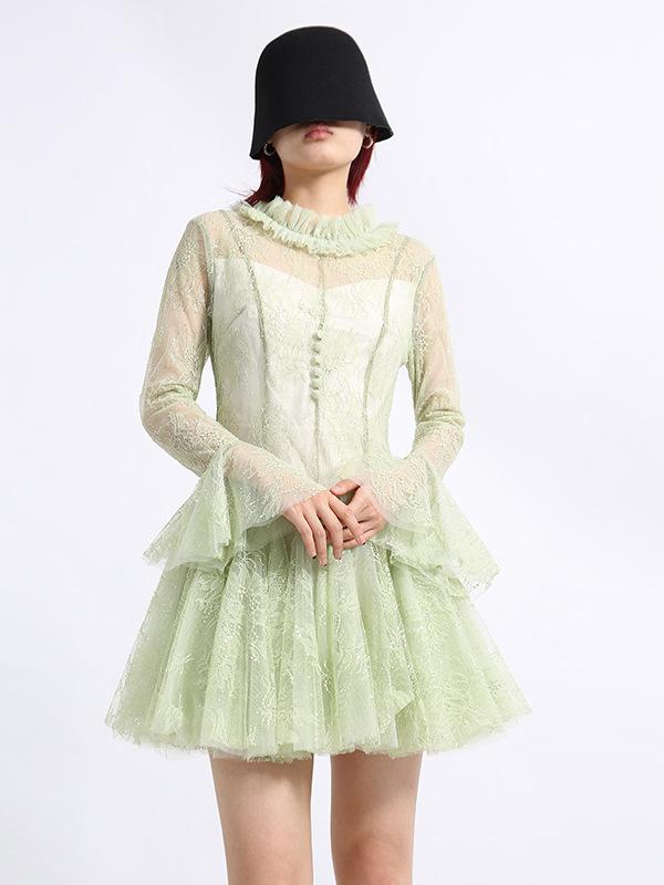 秋冬 ワンピース 女性用 韓国風 名媛 セクシー 短丈 レース 刺繍 透け感 花柄 修身 スリム ハイウエスト ラッパースリーブ 長袖 丸首 コットン ポリエステル ブラウン 気質 優雅 私服 スタイル