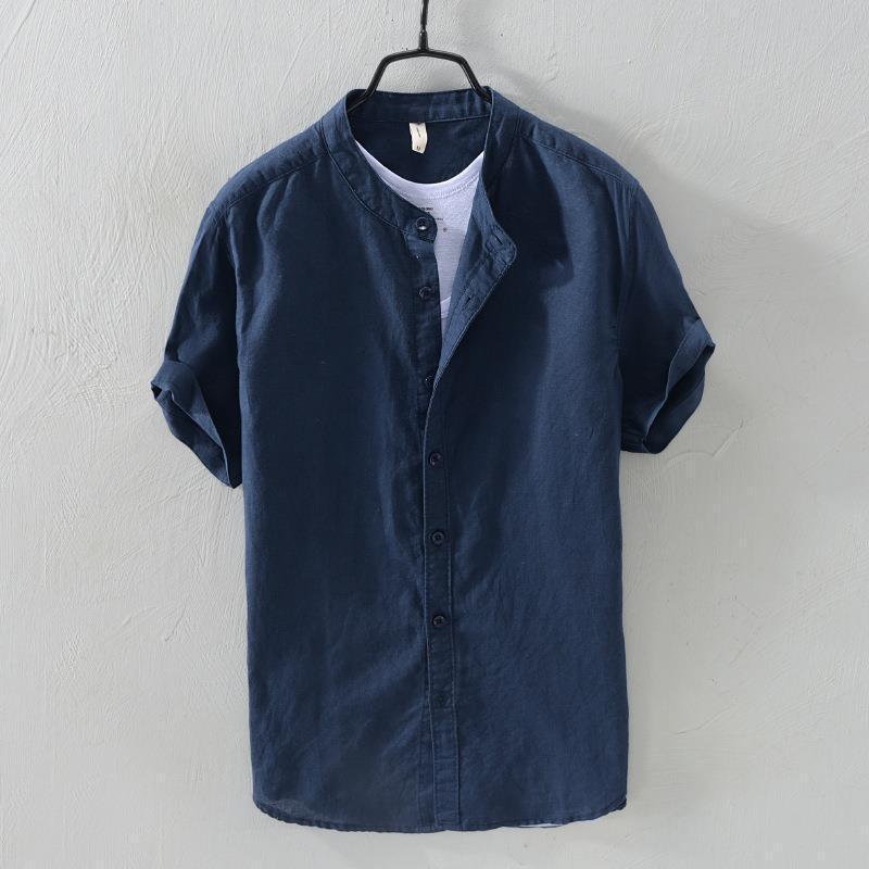 Short Sleeves （Shape Holding） - メンズ シャツ 立襟 短袖 綿麻 混紡 透気性 通年 通勤 普段使い 青少年 修身 開襟 純色 薄手 ゆったり シンプル スタンドカラー コットン リネン ポリエステル 白色 ライトブルー ネイビー グレー カーキ