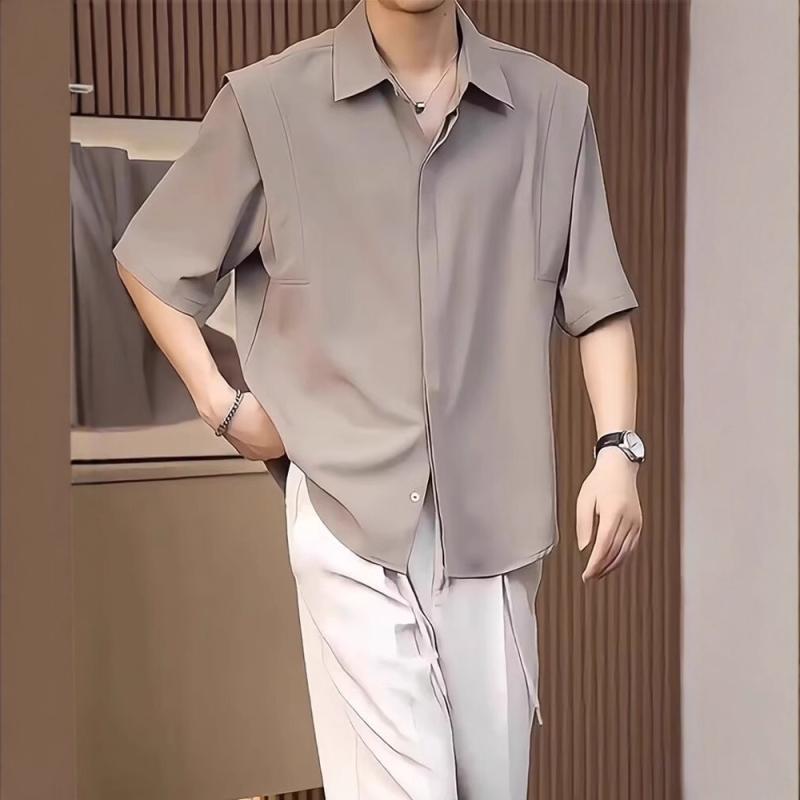 乐天商城 - メンズ 短袖 シャツ 接触冷感 吸湿速乾 耐磨 軽量 薄手 翻領 開襟 ゆったり ルーズフィット 純色 ブラック ホワイト カーキ 夏 春夏 通勤 普段使い カジュアル 青少年 成人 綿混 再生繊維 スタイリッシュ シンプル トレンド