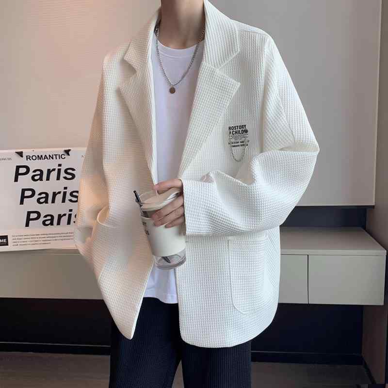 Other - メンズ 西装 ジャケット 春夏 男性用 軽量 ポリエステル ワッフル格子 加工 ゆったり オーバーサイズ 長袖 シングルブレスト シングルブレスト ボタン ストレートヘム 立体ポケット バッジ 付属 ホワイト ブラック 耐久性 アイロン不要 日常使い 港