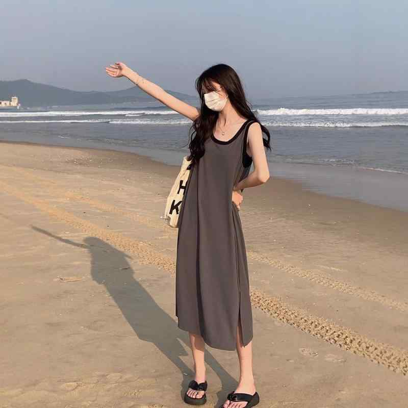 ワンピース レディース 夏 春夏 無袖 吊り帯 ロング 切り替え Aライン 丸首 ラウンドネック ルーズフィット ビッグシルエット ワイドレッグ ブラック グレー ピグメントカラー ポリエステル スパンデックス ストレッチ素材 接触冷感 吸湿速乾 軽量