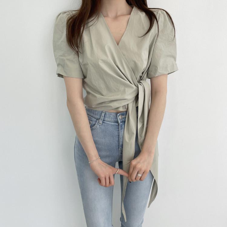 シャツ レディース 春夏 短袖 Vネック クロス 蝶結び 紐切り替え 短丈 綿混 ポリエステル ソリッドカラー 爽やか スイート ソフト コンフォート カジュアル グレーグリーン パープル ホワイト