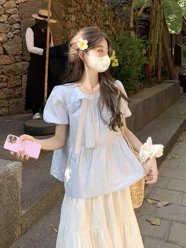 女性用 シャツ トップス 春 春夏 短袖 泡泡袖 ラッフル袖 蝴蝶结 蝶結び リボン レース プレーツ 圧褶 切り替え デザイン 綿 ポリエステル ストレッチ 伸縮性 軽量 通気性 ゆったり ルーズフィット ワイドシルエット 丸首 ラウンドネック 私服