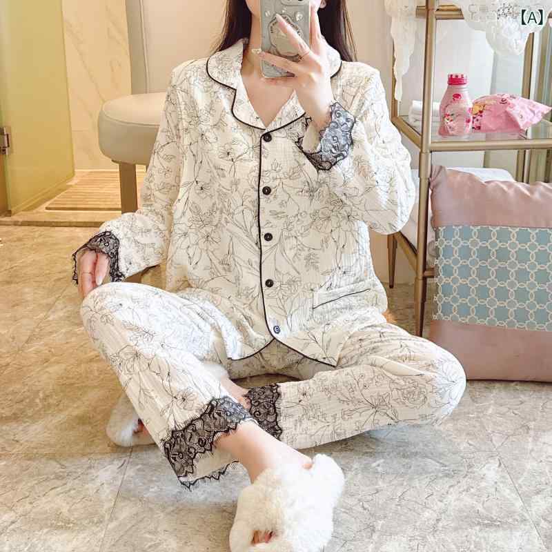 フォークBRのマタニティパジャマ レディース 授乳服 家居服 妊婦服 上下セット クレープ生地 ガーゼ 綿 部屋着 ルームウェア 授乳用 前開き 長袖 産前 産後 パジャマ 大きいサイズ 体型カバー ナチュラル 柔らかい｜アングル2