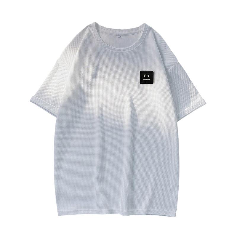 メンズ Tシャツ 短袖 ワッフル地 刺繍 笑顔柄 港風 ルーズフィット 落肩袖 丸首 ポリエステル 透気性 夏用 日常 かわいい 抽象 白色 ブラック グリーン ブルー ビッグサイズ 青少年向け ストリートスタイル オリジナルデザイン