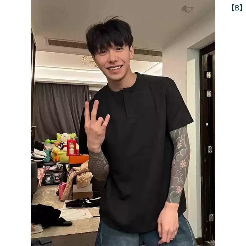 メンズ Tシャツ 亨利襟 短袖 夏用 ブラック ワッフル柄 修身 正肩 半袖 ポリエステル混紡 透気性 免烫加工 ゆったりシルエット グレー ホワイト トップス ラフスタイル