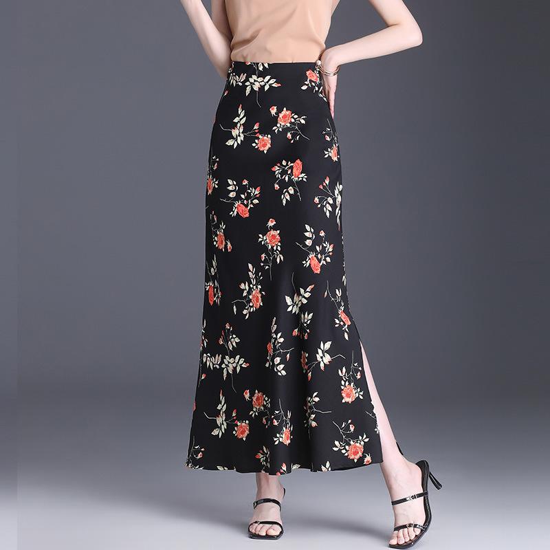 Half-Length Pants - スカート 女性用 春季 包み込み ミディ丈 ハイウエスト スリット フラワー柄 フィッシュテール 薄手 ポリエステル 微弾性 切り替え ポケット付き スリムフィット 快適レジャー 気質スタイル 黒花 藍花