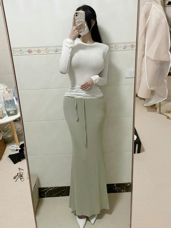 乐天商城 - 半身スカート 女性用 春夏 ミントグリーン 魚尾ロングスカート 綿素材 接触冷感 抽弦デザイン 切り替え ハイウエスト 軽量 通勤用 普段使い 軽熟風 セクシー風 かわいい ピンク系 アイボリー ベージュ カーキ