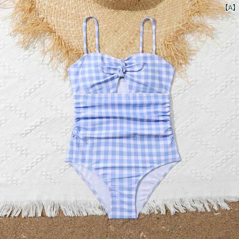 フォークBRの水着 女の子 キッズ オールインワン チェック柄 お腹カバー 体型カバー スイムウェア 温泉 プール 海 外国風 おしゃれ かわいい 子供用｜アングル2