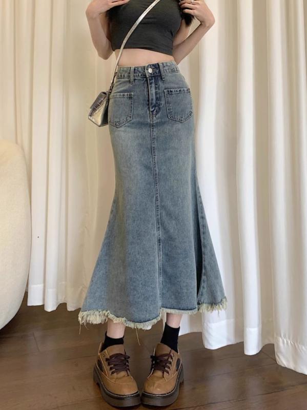 Rakuten - スカート 女性用 ミディ丈 デニム ハイウエスト フィッシュテール Aライン 包み込み スリムフィット ヴィンテージ加工 ライトブルー ポケット付き ノーストレッチ ストリートスタイル カジュアル 普段使い 軽量 耐久性