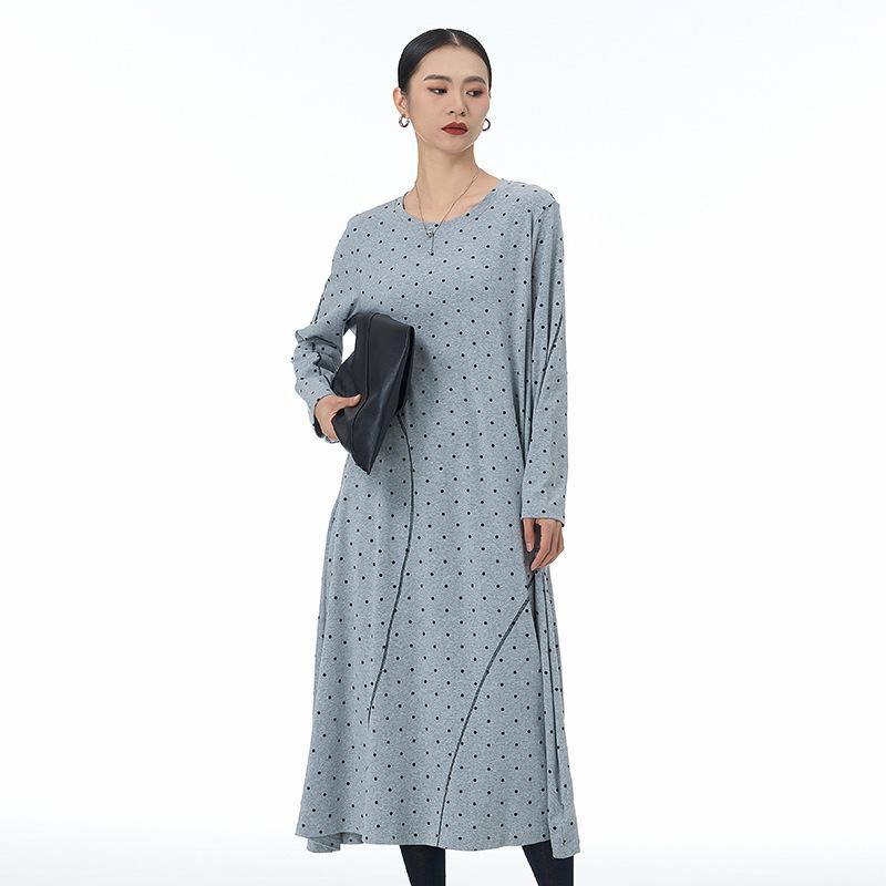 ワンピース 女性用 韓系 ポルカドット デザイン 春夏 長袖 Aライン 中長丈 コットン 95%以上 ブラック グレー ルーズフィット スリム効果 日韓カジュアル 立体装飾 デジタルプリント ゆったり大サイズ 普段使い 軽量 通勤対応 接触冷感 再生繊維