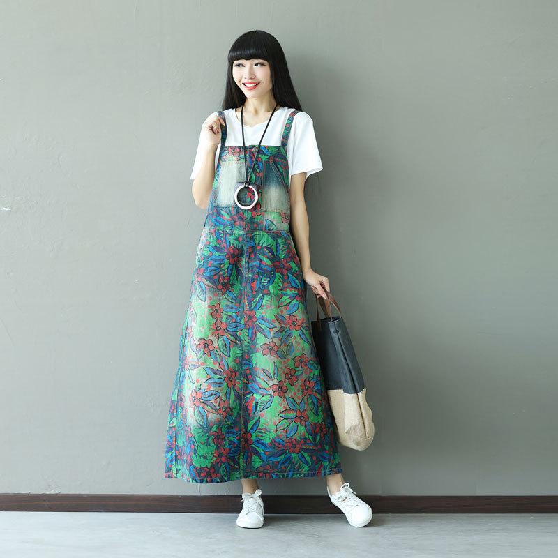 ワンピース 森ガール ビッグポケット Aライン 背広スカート 長袖 ラウンドネック ヴィンテージ加工 花柄 植物プリント 綿素材 グリーン ゆったり大サイズ かわいいカジュアル 春夏 普段使い 伸縮性 軽量 通勤 デート 女性用